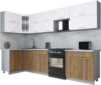 Кухонный гарнитур Интерлиния Мила Gloss 60-12x31 (белый софт/дуб вотан/травертин серый) - 