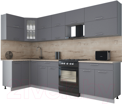 Готовая кухня Интерлиния Мила Gloss 60-12x31 (серый софт/серый софт/травертин серый)
