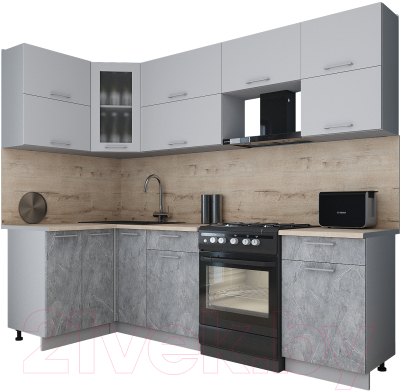 Кухонный гарнитур Интерлиния Мила Gloss 60-12x25 (пепел софт/керамика/травертин серый)
