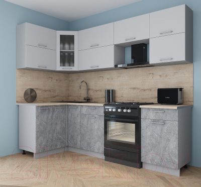 Кухонный гарнитур Интерлиния Мила Gloss 60-12x25 (пепел софт/керамика/травертин серый)