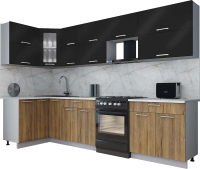 Кухонный гарнитур Интерлиния Мила Gloss 60-12x31 (черный глянец/дуб вотан/травертин серый) - 