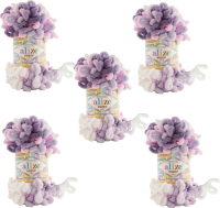 Набор пряжи для вязания Alize Puffy Color 100% микрополиэстер / 6305 (9м, белый/розовый/фиолетовый, 5 мотков) - 