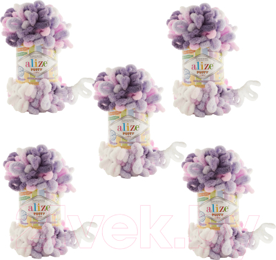 Набор пряжи для вязания Alize Puffy Color 100% микрополиэстер / 6305 (9м, белый/розовый/фиолетовый, 5 мотков)