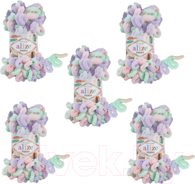 Набор пряжи для вязания Alize Puffy Color 100% микрополиэстер / 5938 (9м, зеленый/розовый/сиреневый, 5 мотков)