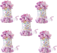 Набор пряжи для вязания Alize Puffy Color 100% микрополиэстер / 6051 (9м, белый/розовый/сиреневый, 5 мотков) - 