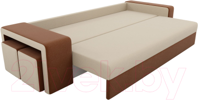 Комплект мягкой мебели Лига Диванов Мустанг с двумя пуфами / 61227 (рогожка бежевый/коричневый)