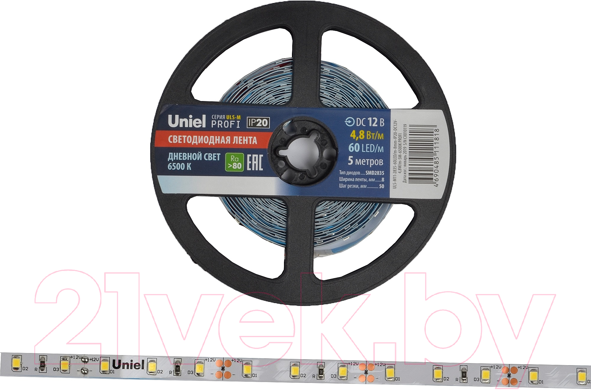 Светодиодная лента Uniel ULS-M11-2835-60LED/m-8mm-IP20-DC12V-4.8W/m-5M-6500K (UL-00004356) — фото 3