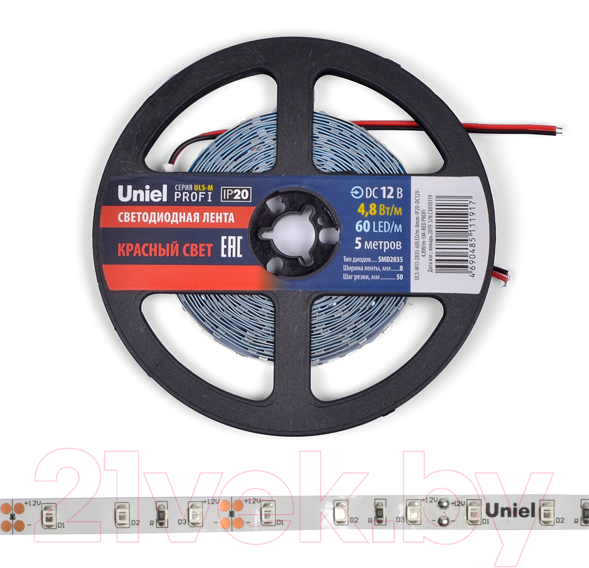 Светодиодная лента Uniel ULS-M11-2835-60LED/m-8mm-IP20-DC12V-4.8W/m-5M-RED / UL-00004361 — фото 4