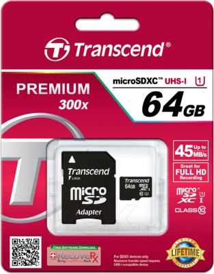 Карта памяти Transcend microSDXC UHS-I 300x Premium (Class 10) 64GB (TS64GUSDU1) - общий вид