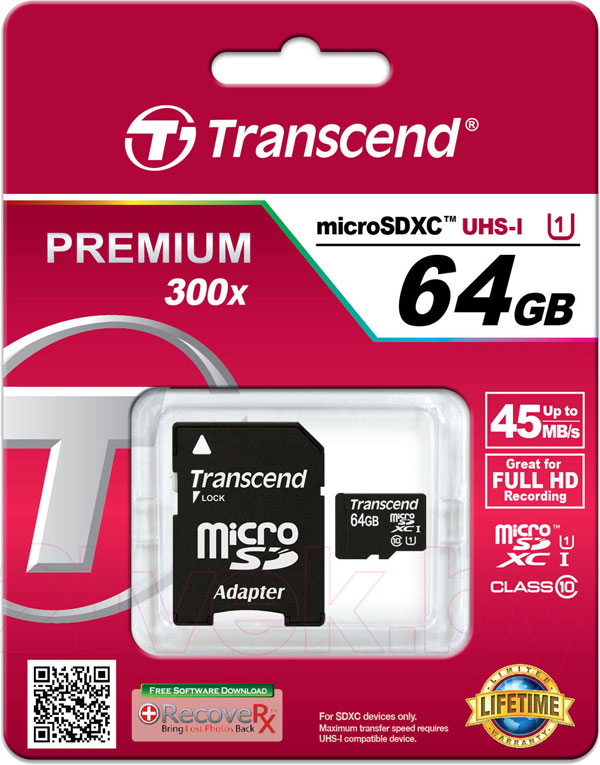 Карта памяти Transcend microSDXC UHS-I 300x Premium (Class 10) 64GB (TS64GUSDU1)