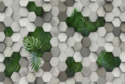 Фотообои листовые Vimala 3D Шестиугольники и листья пальмы (270x400)