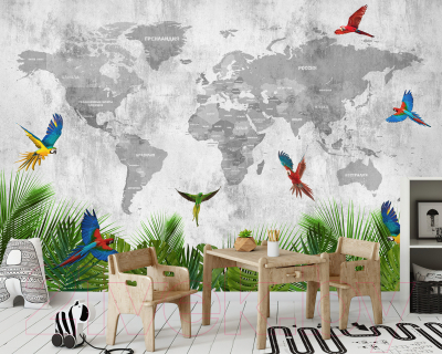 Фотообои листовые Vimala Карта мира с попугаями (270x400)