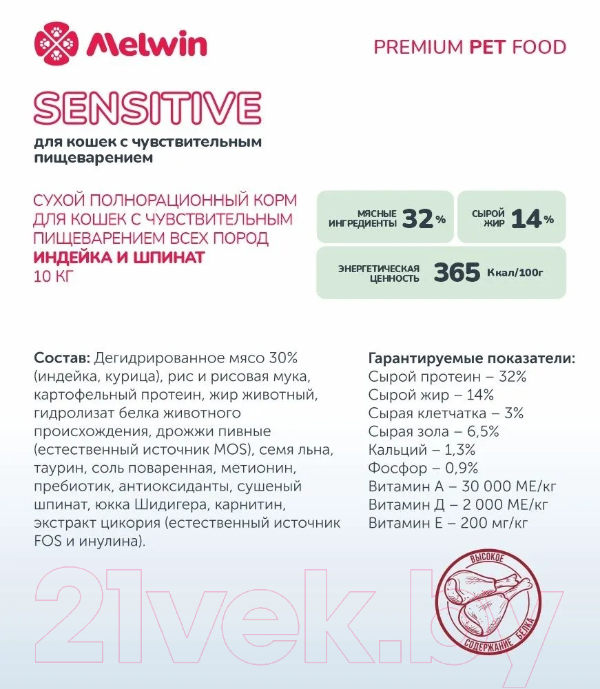 Сухой корм для кошек Melwin Для кошек с чувствительным пищеварением Индейка и шпинат (2.5кг) — фото 4
