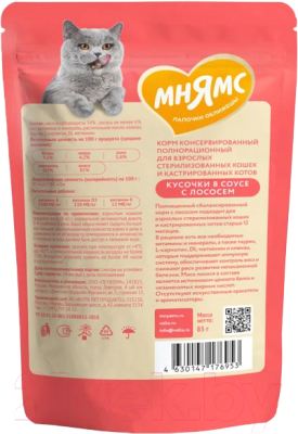 Влажный корм для кошек Мнямс Кусочки в соусе с лососем для стерилизованных / 176953 (85г)