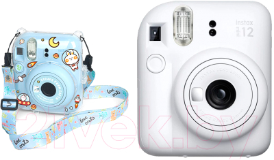 Фотоаппарат с мгновенной печатью Fujifilm Instax Mini 12 белый + чехол Sundays с ремнем голубой
