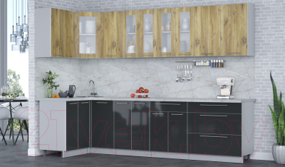 Готовая кухня Интерлиния Мила Пластик 1.2x3.0 (дуб эпоксид/антрацит/серый каспий)