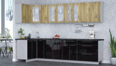 Готовая кухня Интерлиния Мила Пластик 1.2x3.1 (дуб эпоксид/черный/кастилло темный)