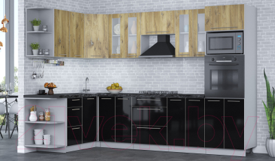 Готовая кухня Интерлиния Мила Пластик 1.68x3.0 левая (дуб эпоксид/черный/кастилло темный)