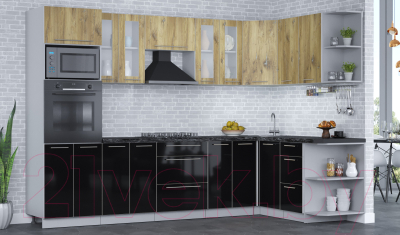 Готовая кухня Интерлиния Мила Пластик 1.68x3.0 правая (дуб эпоксид/черный/кастилло темный)
