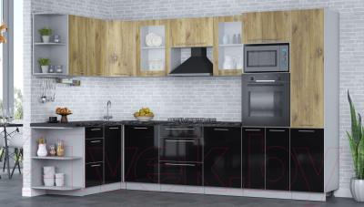 Готовая кухня Интерлиния Мила Пластик 1.68x3.2 левая (дуб эпоксид/черный/кастилло темный)