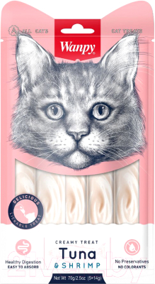 Изображение товара Лакомство для кошек Wanpy Cat Нежное пюре из тунца и креветок (5x14г)