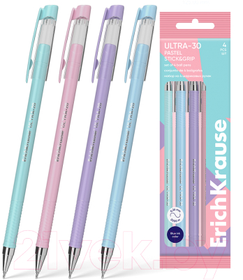 Набор шариковых ручек Erich Krause Ultra-30 Stick&Grip Pastel / 61038 (4шт, синий)