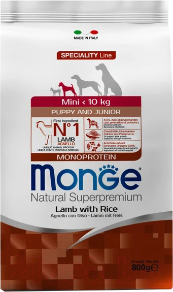 Сухой корм для собак Monge Dog Speciality Line Monoprotein Mini ягненок с рисом (800г)