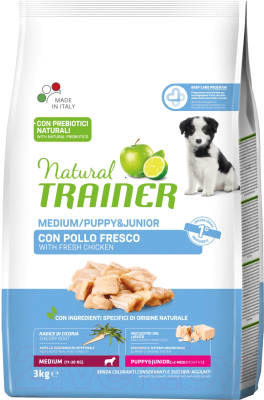 Сухой корм для собак Trainer Natural Medium Puppy and Junior со свежей курицей (3кг)