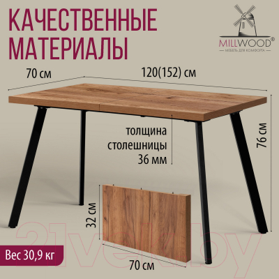 Обеденный стол Millwood Ванкувер 120-152x70x75 (дуб табачный Craft/металл черный)