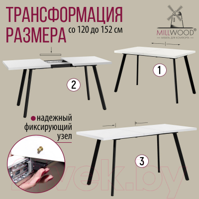 Обеденный стол Millwood Ванкувер 120-152x70x75 (белый/металл черный)