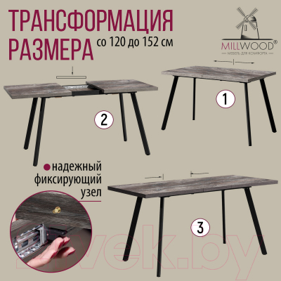 Обеденный стол Millwood Ванкувер 120-152x70x75 (сосна пасадена/металл черный)