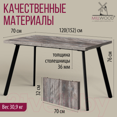 Обеденный стол Millwood Ванкувер 120-152x70x75 (сосна пасадена/металл черный)