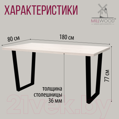 Обеденный стол Millwood Лофт Уэльс 180x80x75 (дуб белый Craft/металл черный)