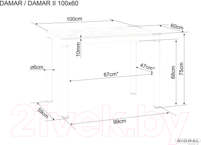 Обеденный стол Signal Damar 100x60 (белый мрамор/черный матовый)