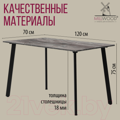 Обеденный стол Millwood Шанхай Л18 120x70 (сосна пасадена/металл черный)