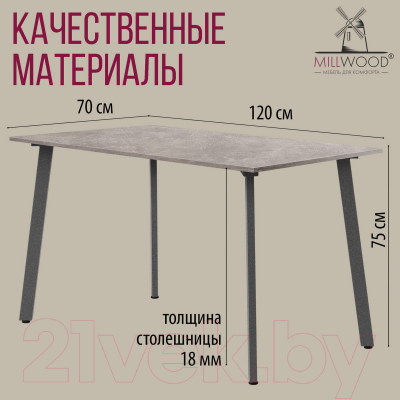 Обеденный стол Millwood Шанхай Л18 120x70 (бетон/графит)