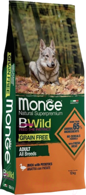 Сухой корм для собак Monge Bwild Grain Free Formula утка с картофелем (12кг)