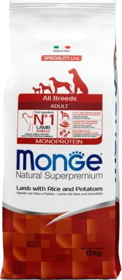 Сухой корм для собак Monge All Breeds Monoprotein ягненок с рисом и картофелем (12кг)