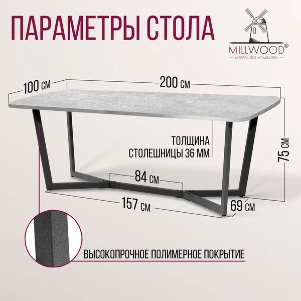 Купить Обеденный стол Millwood Лофт Мюнхен Л 200x100x75  