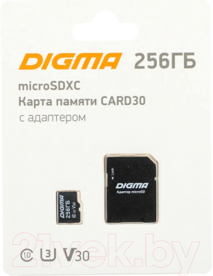 Карта памяти Digma MicroSDXC 256GB Class 10 U3 V30 + SD адаптер / DGFCA256A03