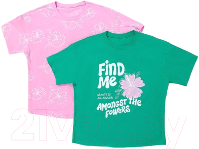 Комплект футболок детских Mark Formelle 117843-2 (р.152-76, зеленый топаз/цветы на розовом)