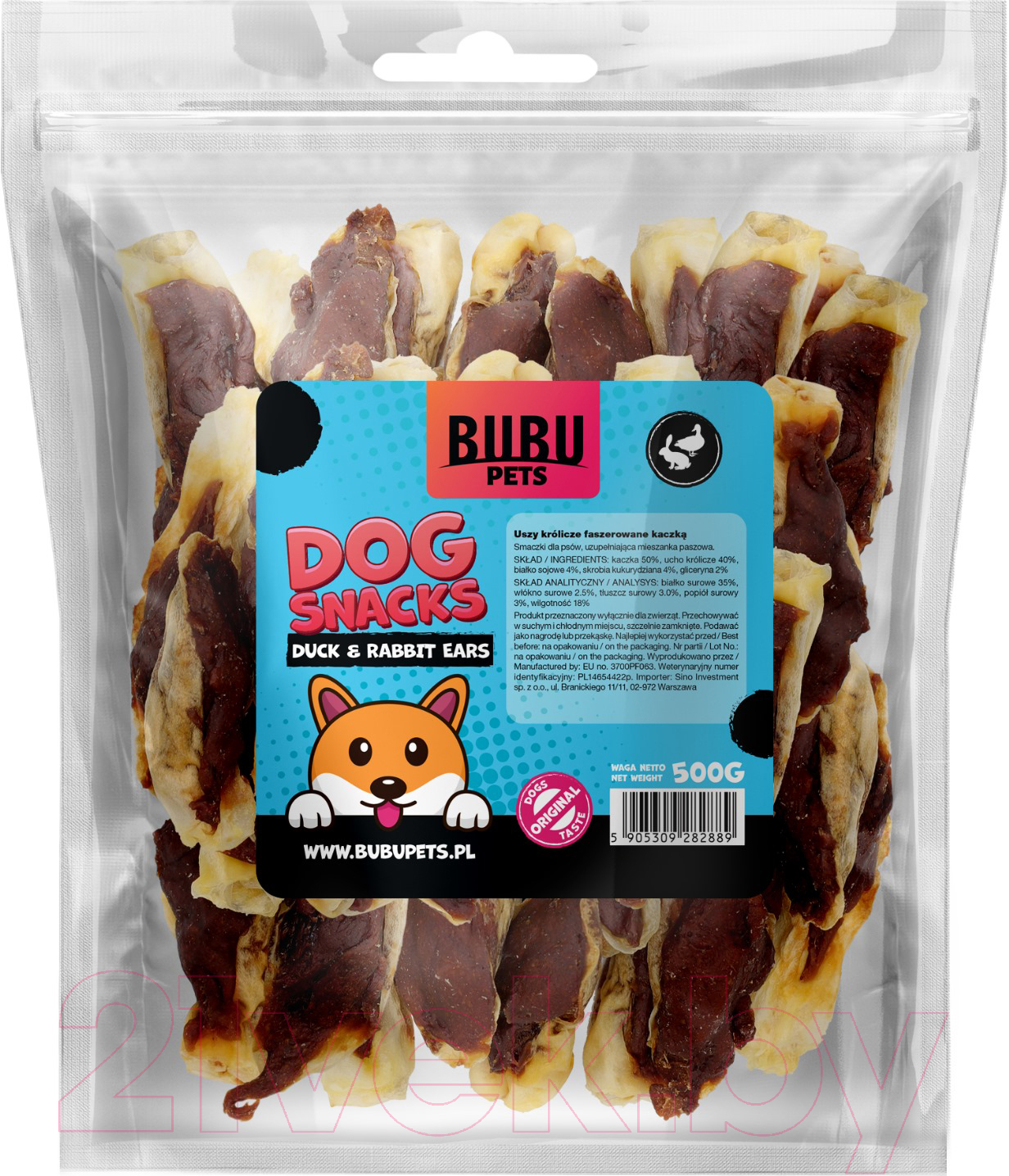 Лакомство для собак Bubu Pets Ушки кролика, фаршированные уткой / PS0023 (500г)