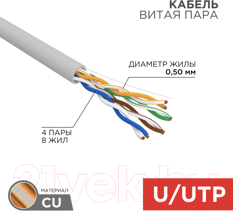 Кабель Rexant U/UTP CAT 5e PVC 4PR 24AWG / 01-0043-25