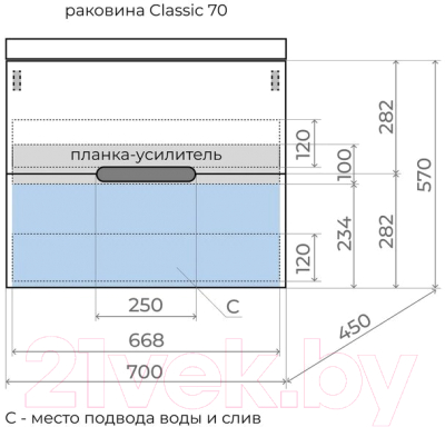 Тумба под умывальник Style Line Матис 70 2 ящика Plus (подвесная)