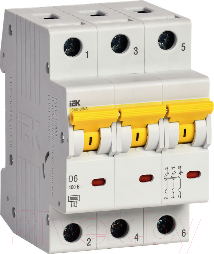 Выключатель автоматический IEK ВА47-60МА 3P 6А 6кА D / MVA33-3-006-D