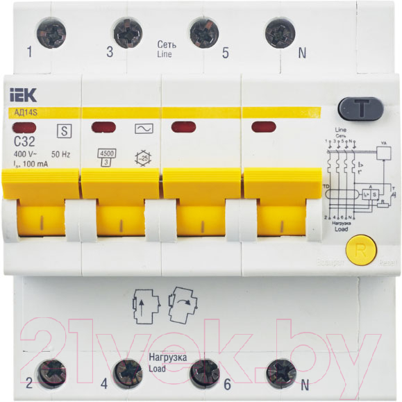 Дифференциальный автомат IEK АД14S 4Р 32А 100мА / MAD13-4-032-C-100