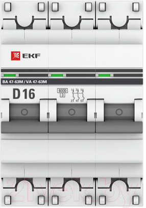 Выключатель автоматический EKF PROxima 3P 16А (D) 6кА ВА 47-63M / mcb4763m-6-3-16D-pro