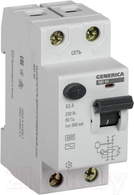 Устройство защитного отключения Generica ВД1-63 2Р 63А 300мА / MDV15-2-063-300
