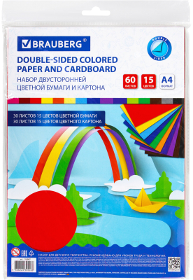 Набор цветной бумаги и картона Brauberg Радуга / 115087 (60л, 15цв)