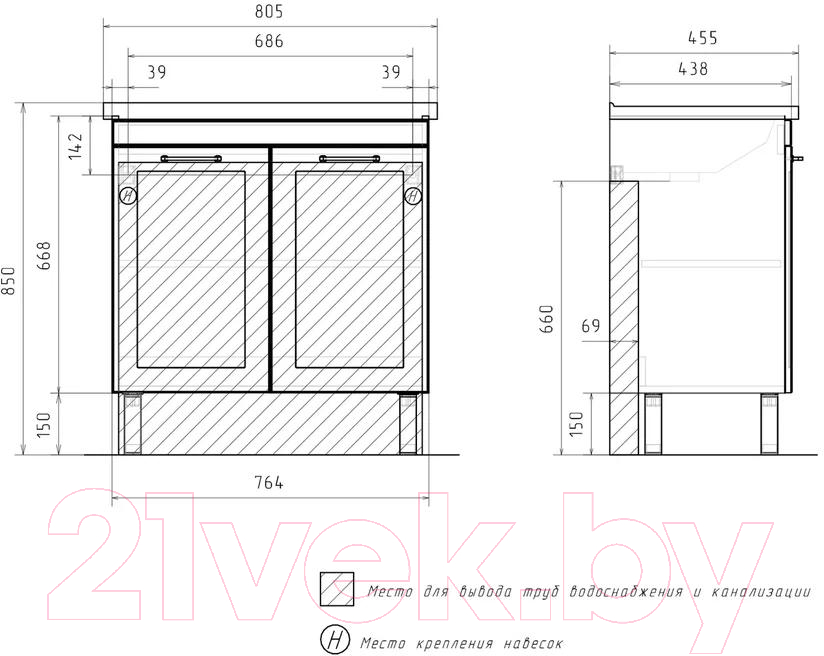 Тумба под умывальник Volna Lago 80.2D Миранда